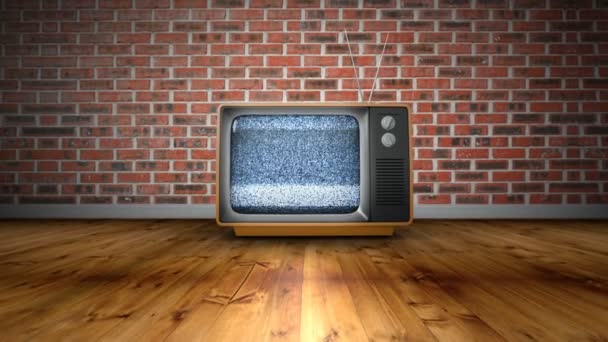 Zoom Alten Retro Fernseher Ohne Signalrauschen Unschärfeeffekt Vor Rotem Backsteinhintergrund — Stockvideo