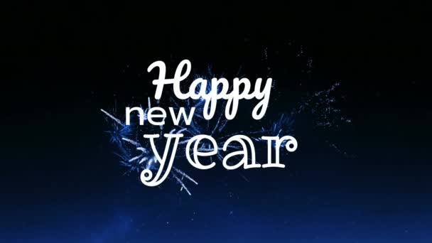 Ευτυχισμένο Νέο Έτος Animation Και Χαιρετισμό Πολύχρωμα Πυροτεχνήματα Έκρηξη Στο — Αρχείο Βίντεο