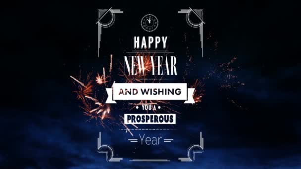 Happy New Year Animation Greeting Colorful Fireworks Exploding Night Sky — Stock Video