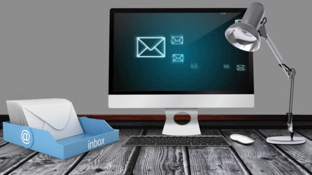 Komputer Cyfrowy Biurko Wyświetlanie Animowane Ikony Mail Karty Światła Stole — Wideo stockowe