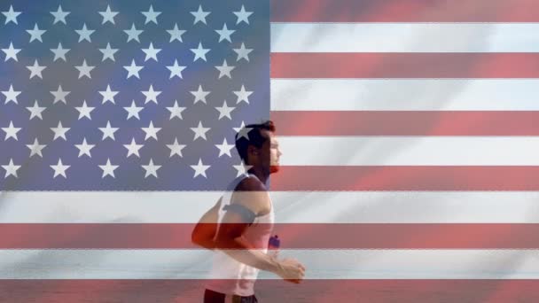 Man Working Out Water Bottle Hand American Flag Background — Stock Video