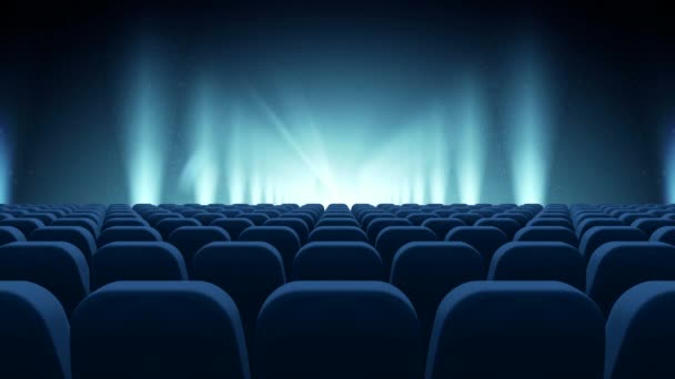 デジタル ビデオのライトでブルーのアニメーション ステージの前に座席 — ストック動画