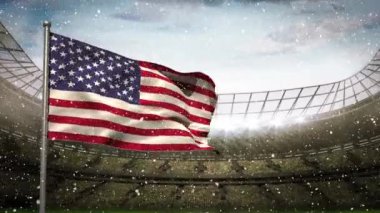 Kar ile animasyonlu futbol stadyumu arka plan karşı rüzgarda üfleme animasyonlu Amerikan bayrağı