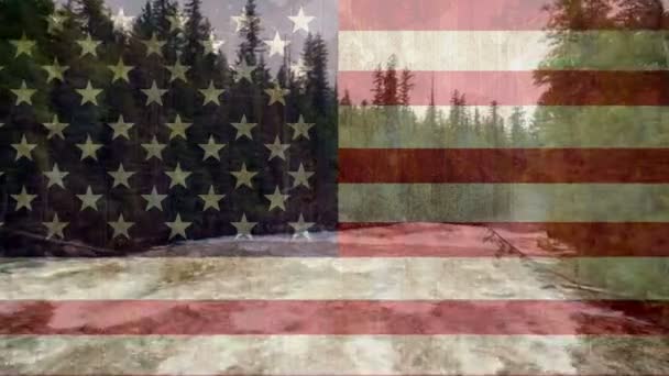 Digital Composite Forest River Animated American Flag Background — Stock Video