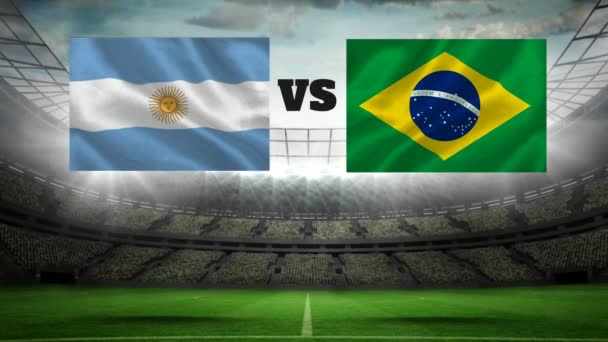 动画足球场与灯与巴西和阿根廷旗子 — 图库视频影像