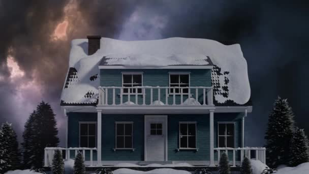 数字复合房子与雪在风暴背景与闪电闪烁 — 图库视频影像