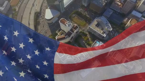 Bandeira Americana Animada Contra Vista Alto Ângulo Cidade Urbana — Vídeo de Stock