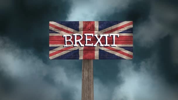Segno Brexit Animato Sulla Bandiera Inglese Contro Sfondo Animato Nuvole — Video Stock