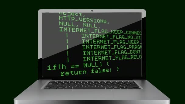 Digitaler Laptop Bildschirm Mit Animierten Codierdatenzeilen Auf Grünem Hintergrund — Stockvideo