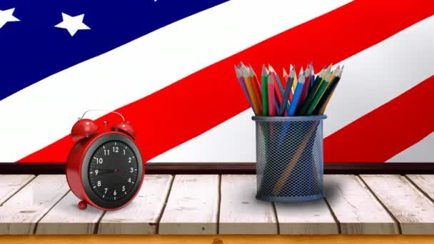 Escritorio Escuela Animada Con Bandera Americana Ondeando Viento Fondo — Vídeo de stock