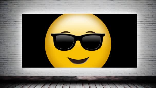 Digital Smiley Sunglasses Canvas Brick Wall Background — Stock Video