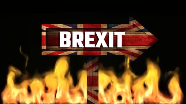 Горящий Огонь Фоне Анимированного Британского Знака Брексита — стоковое видео