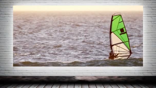 Adam Rüzgar Sörfü Tuval Animasyonlu Gri Tuğla Duvara Sahte Dijital — Stok video