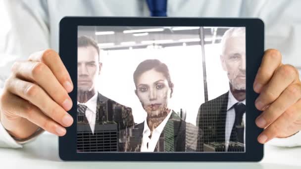 Businessman Holding Digital Tablet Showing Global Business People Skyscrapers Background — Stock Video