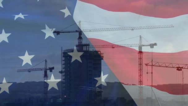 Строительный Кран Фоне Анимированного Американского Флага — стоковое видео