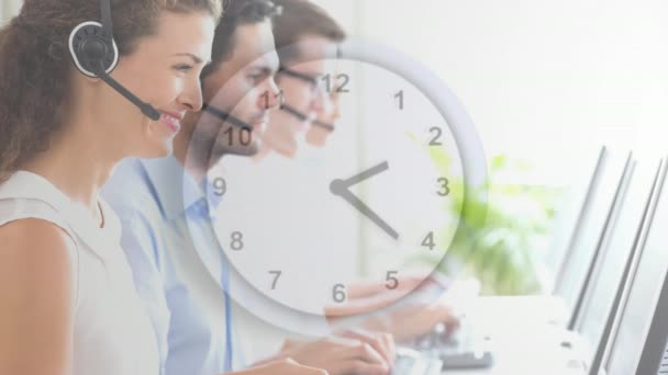 Happy Customer Service Using Headset Clock Background — Stock Video