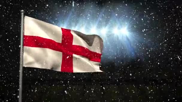 Bandeira Inglesa Soprando Vento Noite Contra Fundo Neve Animado — Vídeo de Stock