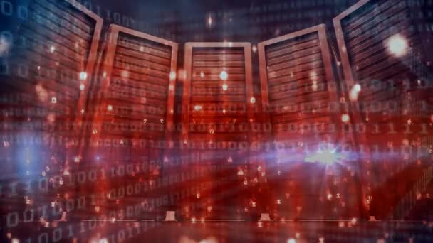 Кімната Сервера Даних Проти Анімованого Червоного Фону Синього Двійкового Коду — стокове відео