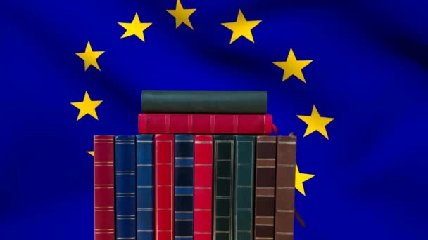 Animált Könyvek Ellen Animált Integetett Szél Európai Uniós Zászlót Háttér — Stock videók