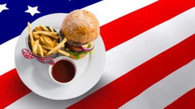 Lokanta plaka hamburger ve patates kızartması animasyonlu Amerikan bayrağı arka plan ile dijital bileşik