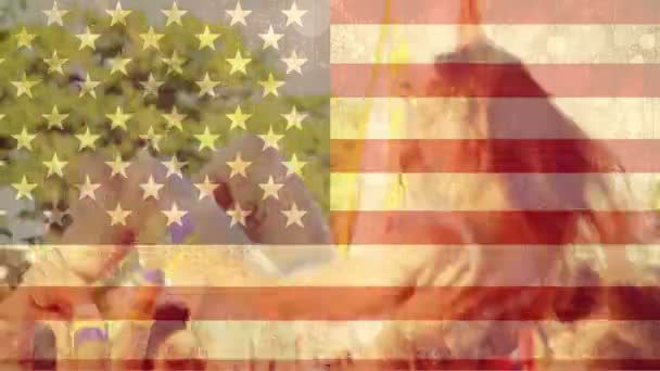Digital Komposit Flicka Festival Publik Surfa Mot Amerikansk Flagga Bakgrund — Stockvideo