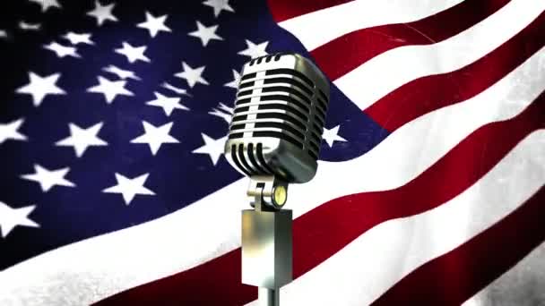 Microfoon Tegen Achtergrond Van Geanimeerde Amerikaanse Vlag — Stockvideo