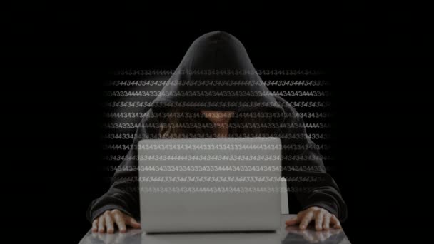 匿名黑客与笔记本电脑和移动动画代码背景 — 图库视频影像
