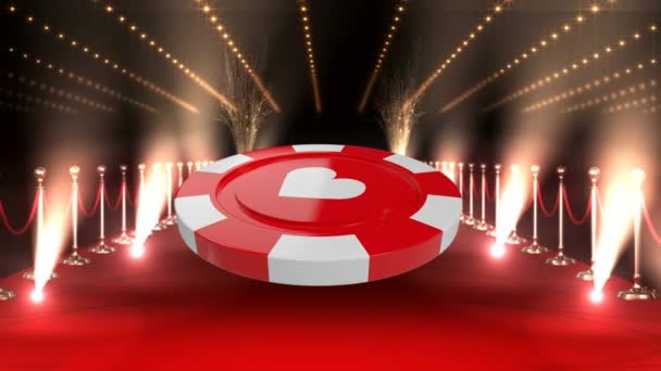 Digital Komposit Poker Chip Mot Röda Mattan Med Ljus Bakgrunden — Stockvideo
