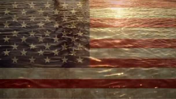 Digital Composite Ocean Sunlight Digital American Flag Background — Stock Video