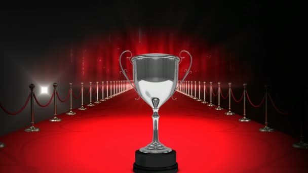 Digital Composite Winning Silver Trophy Red Carpet Glowing Technology Animated — Stock Video