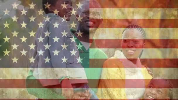 Digital Composite Happy Ethnic Family Animated American Flag Background — Stock Video