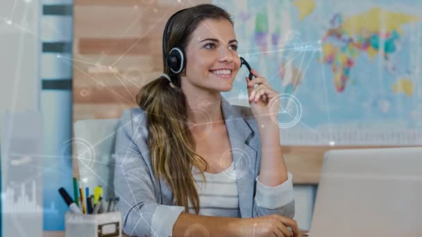 Digital Composite Happy Customer Service Worker Using Headset World Map — Stock Video