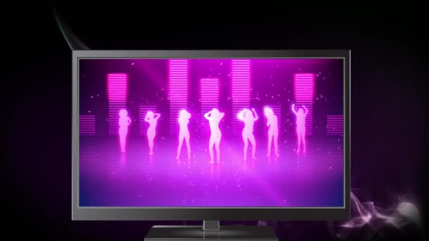 Computer Showing Digital Animated Video People Dancing Purple Background — Stock Video