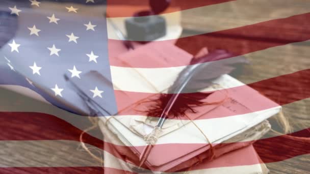 Анімованими Американським Прапором Проти Листи Тлі Стіл — стокове відео