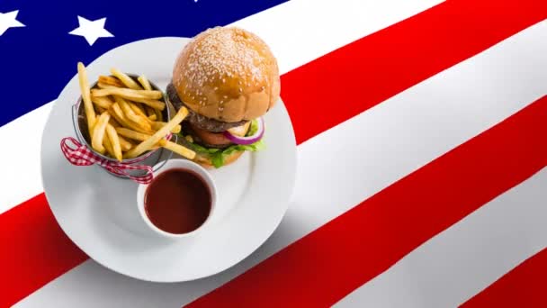 Lokanta Plaka Hamburger Patates Kızartması Animasyonlu Amerikan Bayrağı Arka Plan — Stok video