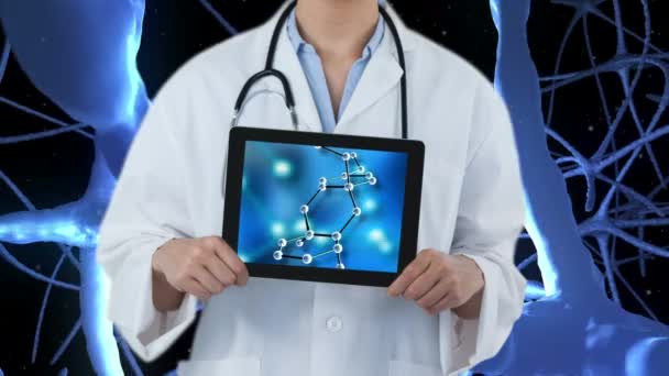 Läkare Labbrock Holding Tablett Visar Dna Mot Animerade Blå Dna — Stockvideo