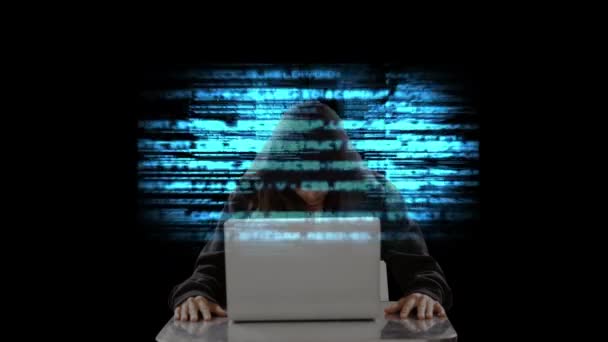 Anónimo Hacker Con Ordenador Portátil Códigos Animados Fondo — Vídeo de stock