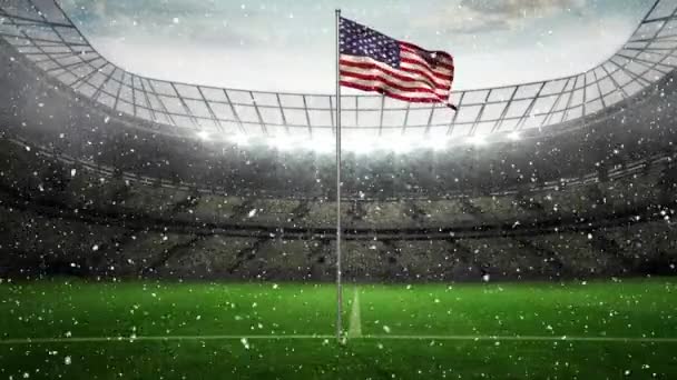 Bandera Americana Animada Ondeando Viento Estadio Fútbol Con Nieve Cayendo — Vídeo de stock