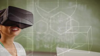 Çocuğun Vr animasyonlu matematik blackboard arka planı kullanarak dijital bileşik