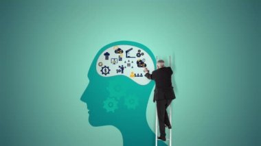 Mavi simge animasyonlu arka plan karşı Merdiven tırmanan işadamı