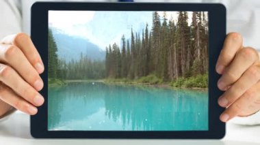 Dijital tablet orman manzara gösterilen holding işkadını eller