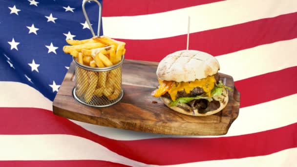 Kompozit Kép Burger Hasábburgonyával Élelmiszer Lemez Animációs Amerikai Zászló Háttér — Stock videók