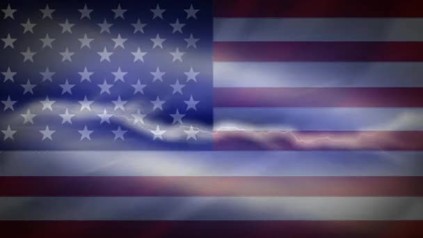 Geanimeerde Amerikaanse Vlag Tegen Geanimeerde Lichte Thunder Achtergrond — Stockvideo