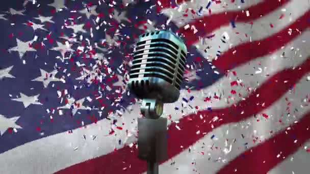 Micrófono Animado Contra Fondo Bandera Americana Animada Confeti — Vídeo de stock
