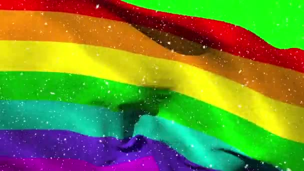 Κινούμενα Rainbowflag Πνέει Στον Άνεμο Εναντίον Κινούμενα Χιόνι — Αρχείο Βίντεο