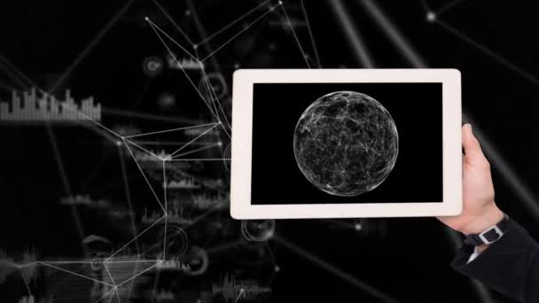 Businessman Holding Digital Tablet Showing Moon Black White Background — Stock Video