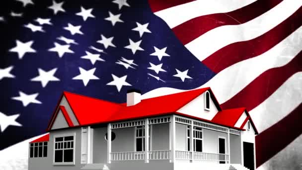动画美国国旗反对动画房子与红色屋顶背景 — 图库视频影像