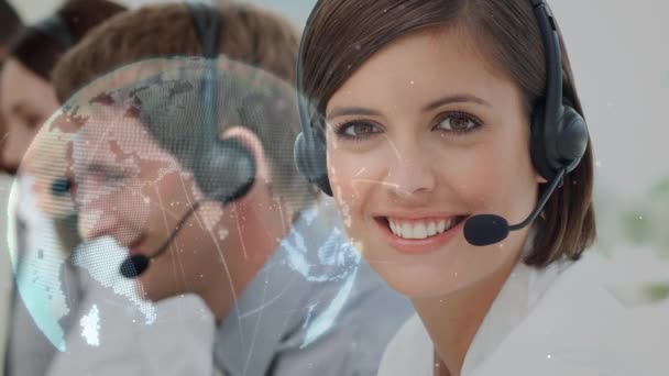 Happy Customer Service Teamet Använder Headset Mot Animerad Planet Bakgrund — Stockvideo