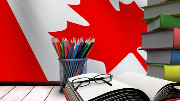 Libros Útiles Escolares Gafas Contra Fondo Animado Bandera Canadiense — Vídeo de stock