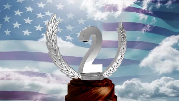 Second Place Throphy Tegen Achtergrond Van Amerikaanse Vlag — Stockvideo